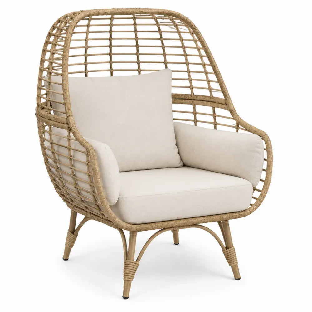Garten Loungesessel mit Kissen PE Rattan und pulverbeschichtetem Stahl Korbsitz Natur Beige Schwarz 100 x 92 x 150 cm