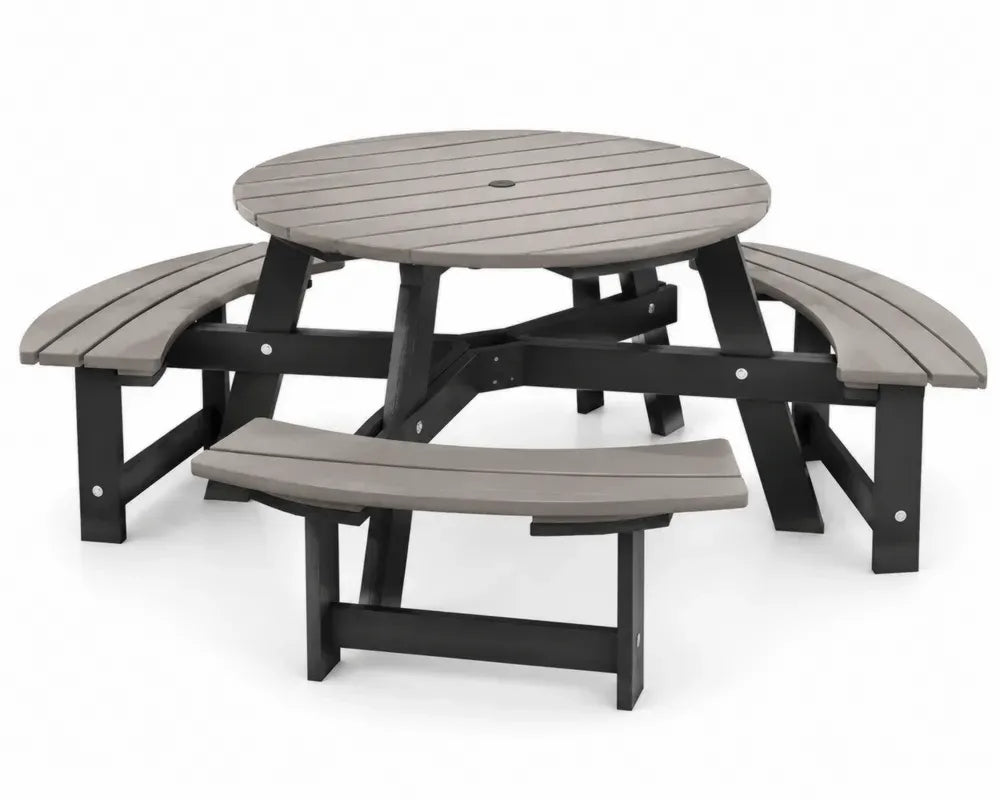 Picknicktisch Set mit 4 integrierten Sitzbänken 180 x 180 x 74 cm aus HDPE Kunststoff und pulverbeschichtetem Stahl rund Grau Schwarz