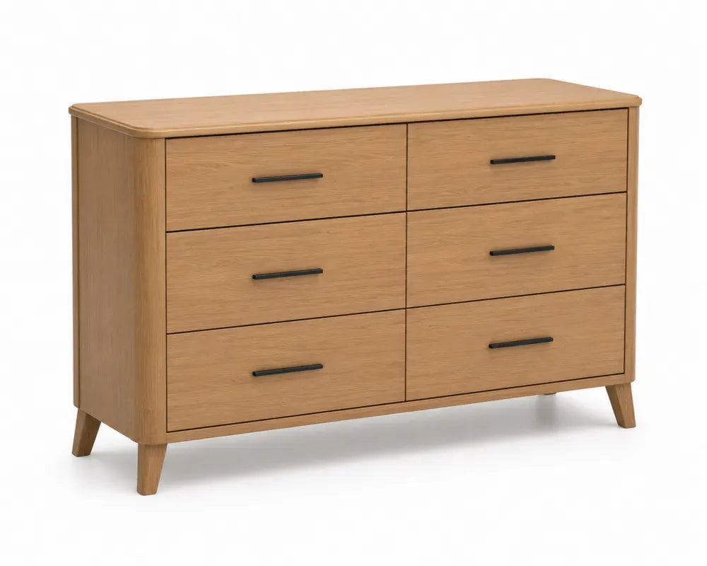 Kommode Schubladenkommode 120 x 40 x 78 cm MDF mit Eichenfurnier rechteckig Eiche hell Schwarz 6 Schubladen