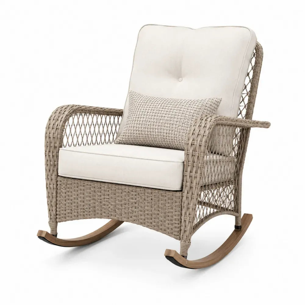 Gartenschaukelstuhl mit Kissen aus PE-Rattan Stahl und Akazienholz Beige Creme Holzfarben 72 x 92 x 96 cm