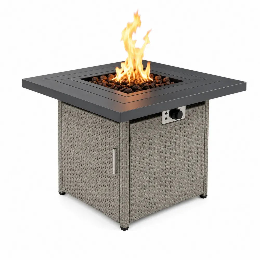 Quadratischer Gas Feuertisch Gartentisch aus PE-Rattan und pulverbeschichtetem Stahl Grau Schwarz 86 x 86 x 63 cm
