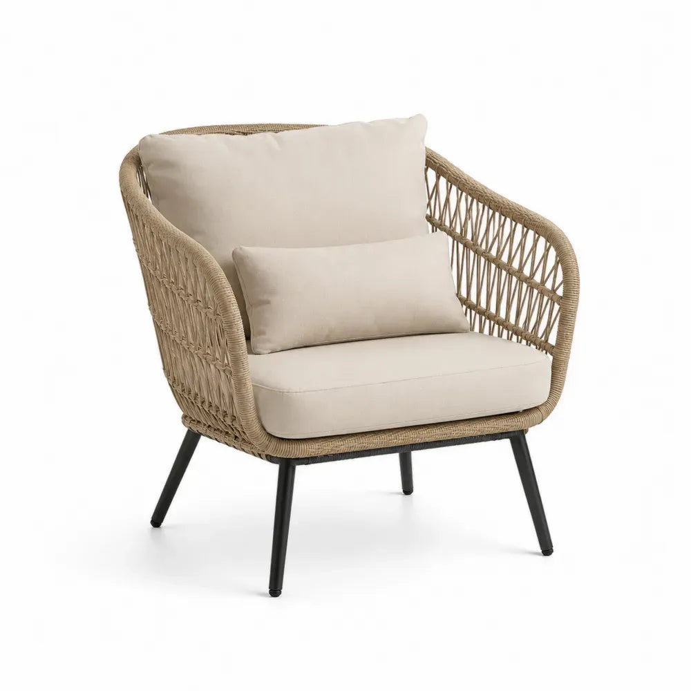 Garten Loungesessel mit Kissen 82 x 78 x 82 cm aus PE Rattan Stahlrohr und Polyester abgerundet Beige Creme Schwarz