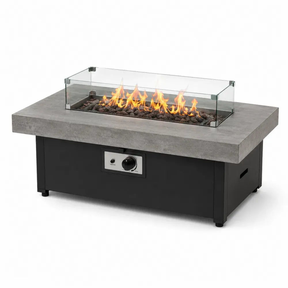 Rechteckiger Gas Feuertisch Gartentisch aus Faserzement Stahl Edelstahl Grau Schwarz mit Glasaufsatz und Lavasteinen 120 x 60 x 55 cm