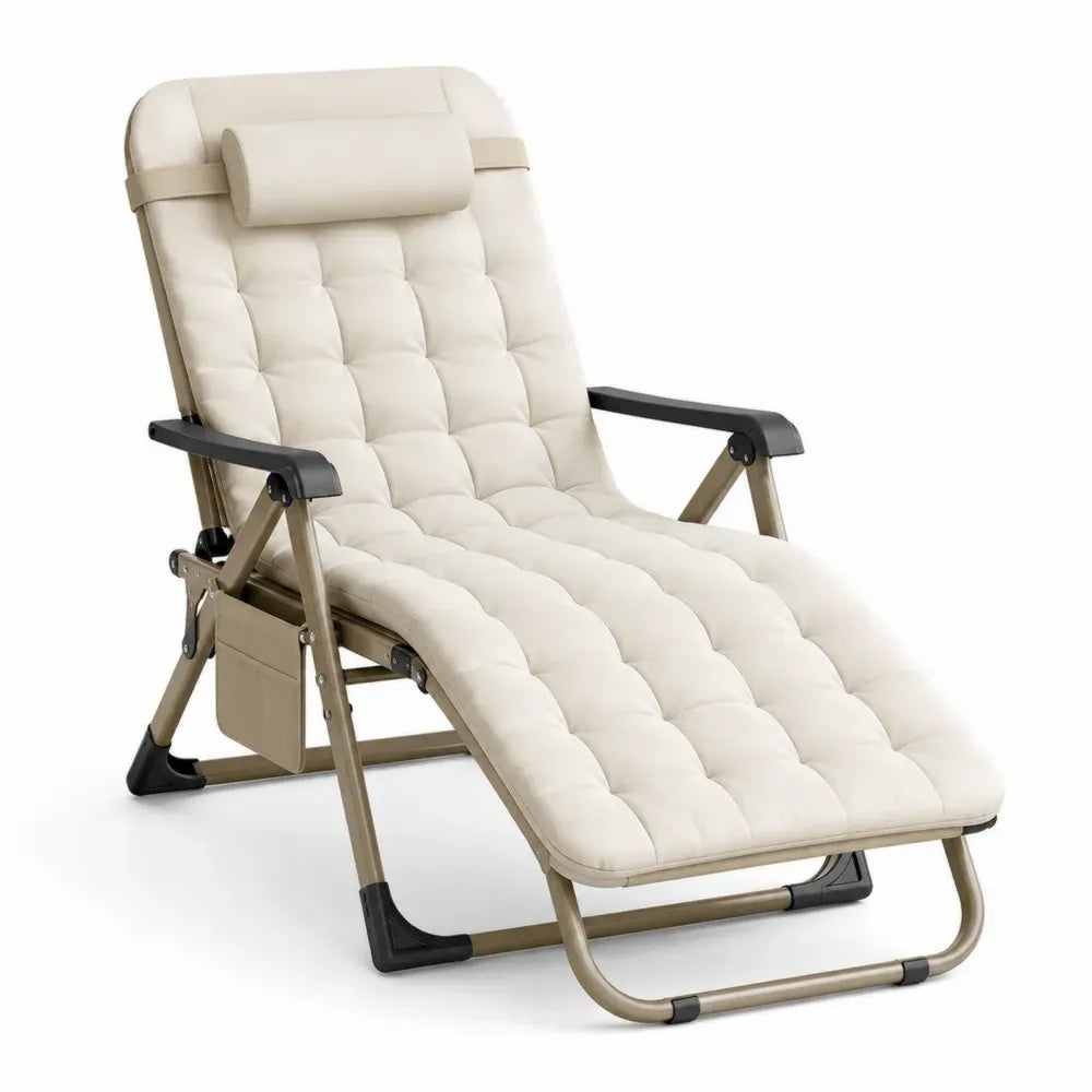 Klappbare Gartenliege Relaxliege mit gepolsterter Auflage und Nackenkissen Stahlrohr Polyester rechteckig Creme Taupe Schwarz Silberfarben 178 x 66 x 110 cm
