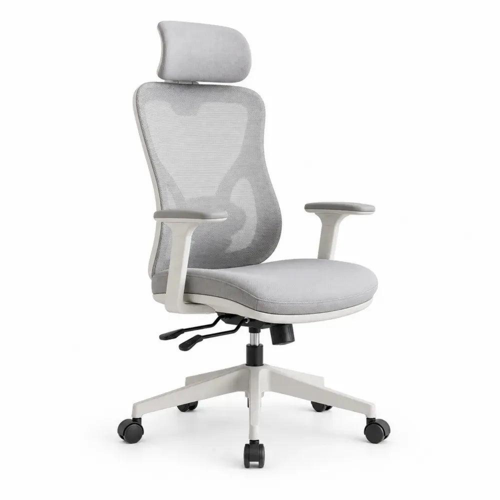 Bürostuhl Computerstuhl mit Kopfstütze Armlehnen Netzrücken Rollen Grau Weiß Schwarz 65 x 64 x 116 bis 126 cm