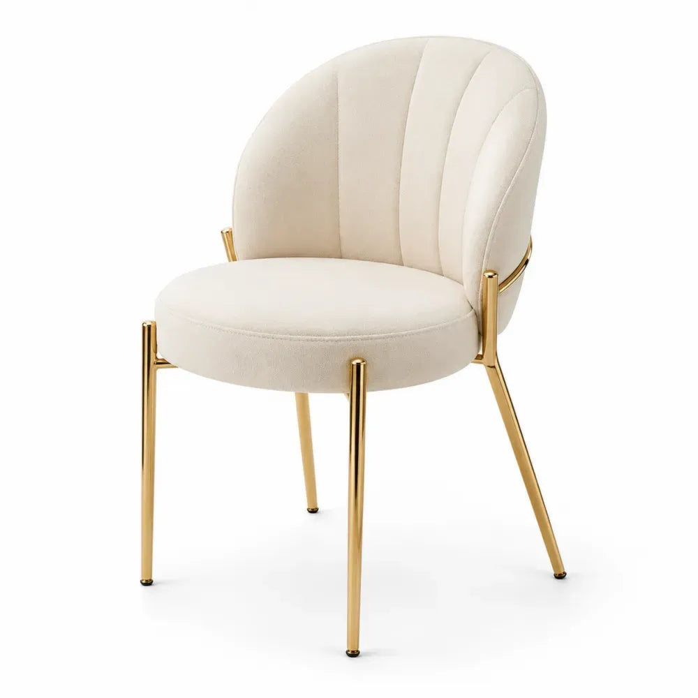 Esszimmerstuhl Küchenstuhl 56 x 58 x 78 cm Polyester Velours Stahl halbrunde Muschellehne Creme Goldfarben