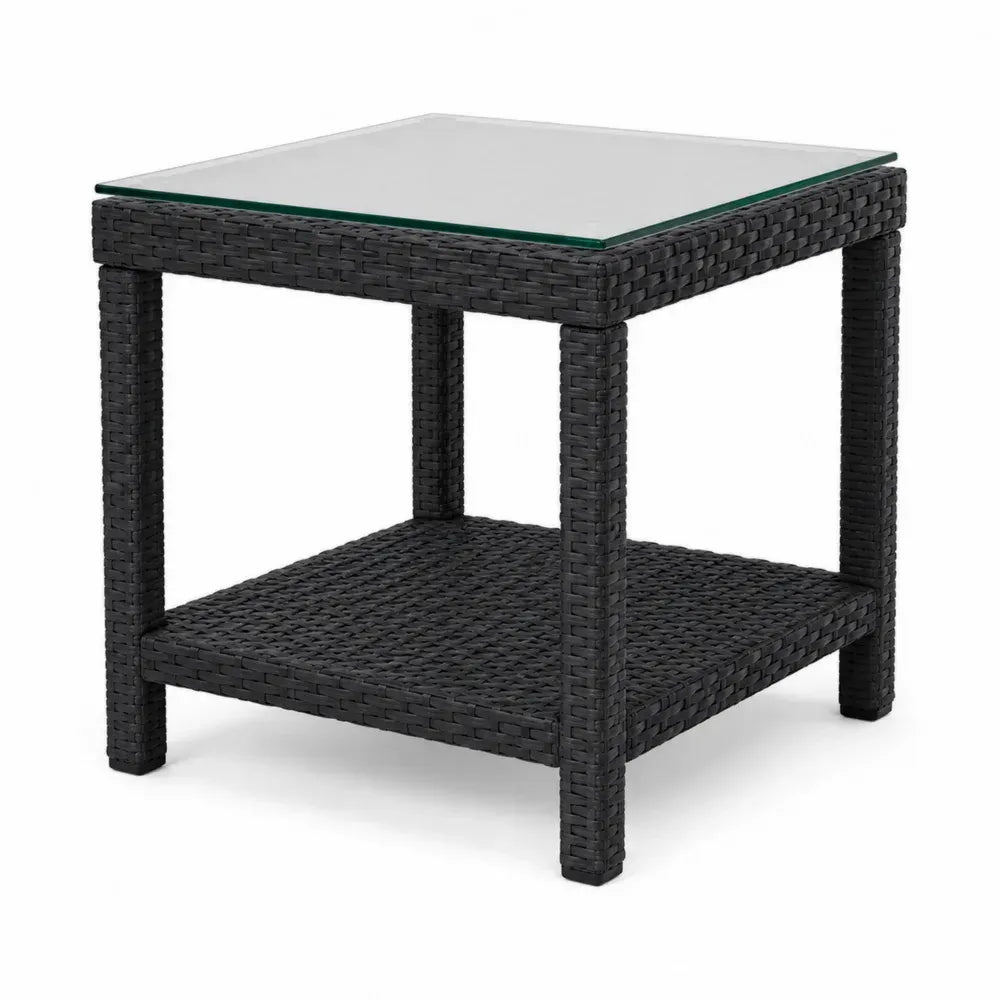 Quadratischer Garten-Beistelltisch 50 x 50 x 50 cm aus PE Rattan und 5 mm Sicherheitsglas Schwarz Transparent